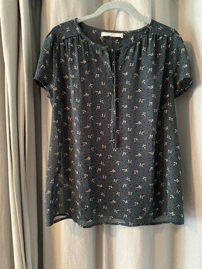 LOFT Teal Floral Tie-Neck Short Sleeve Blouse, Women’s Size Large Petite
